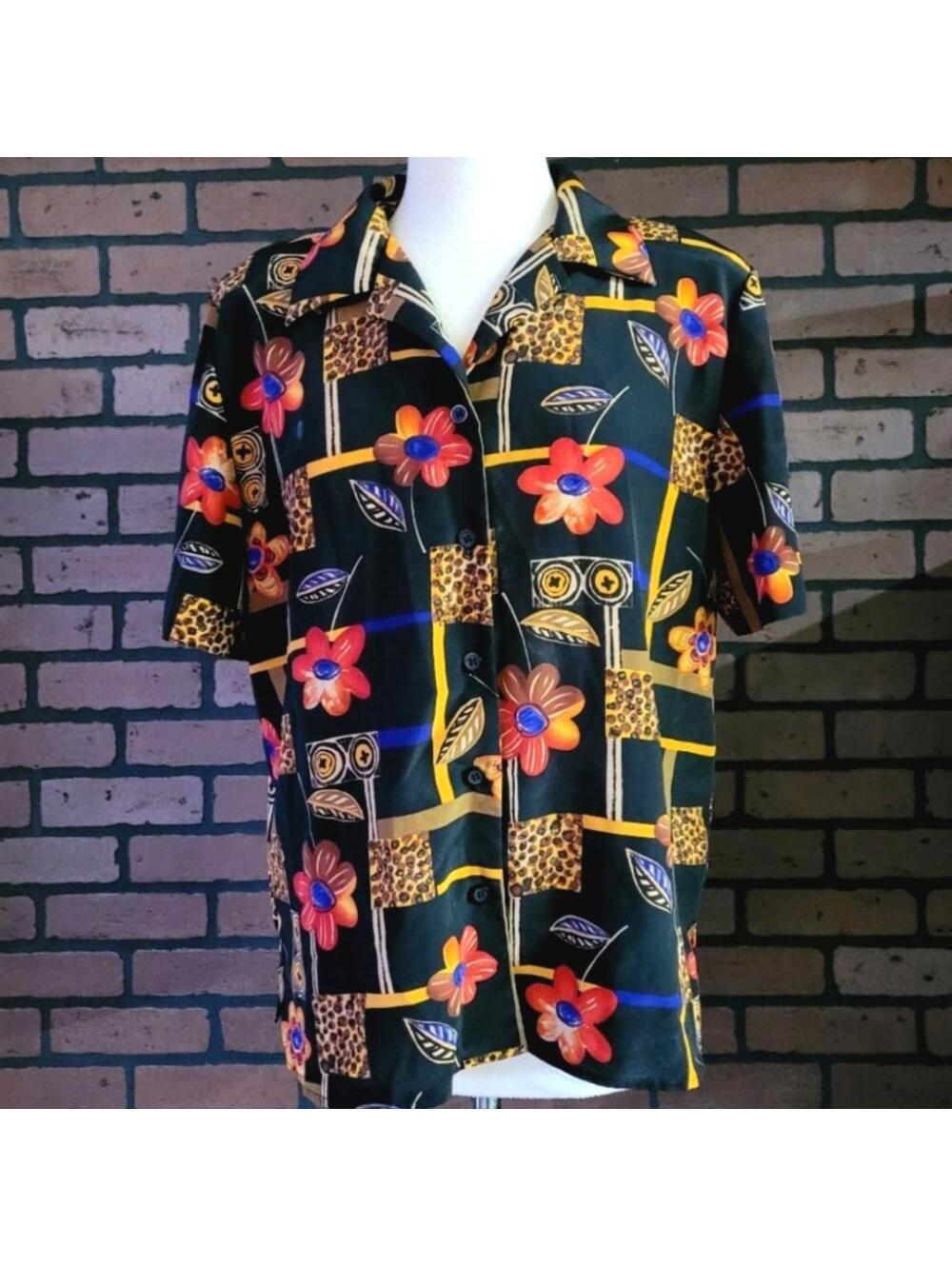 Joan Leslie Vintage Floral Animal Print Short Sleeve Button Down Blouse Size 14